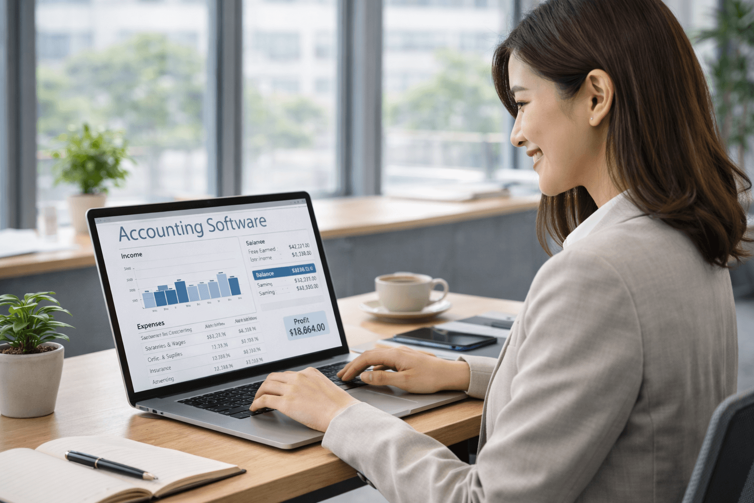 システムを触る女性